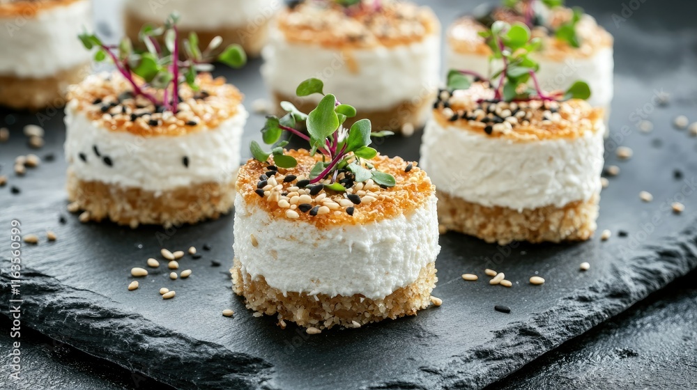 Mini salmon cheesecakes on a slate plate with cream cheese, sesame seeds, and microgreens, arranged with space for text. Mini salmon cheesecakes on a slate plate with cream cheese, sesame seeds, and microgreens, arranged with space for text.