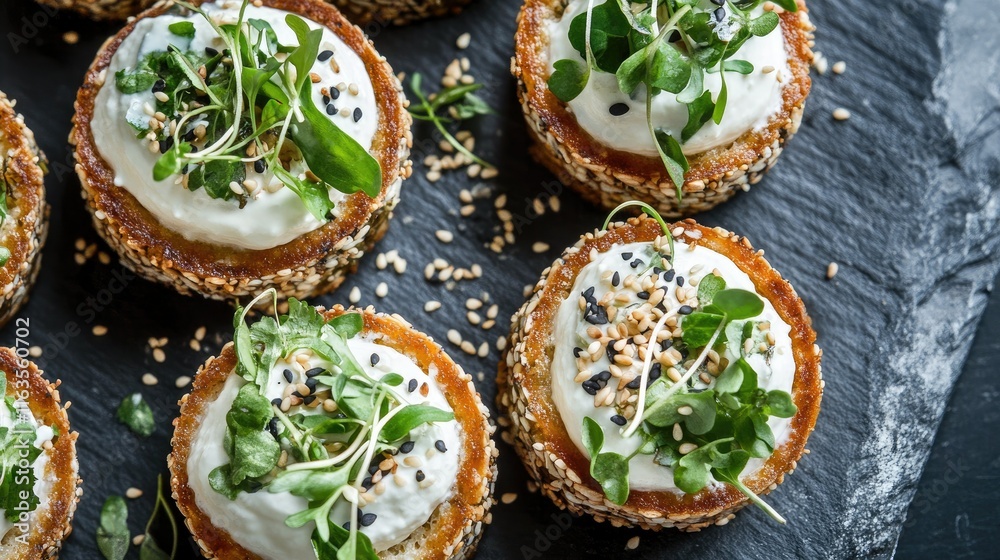 Mini salmon cheesecakes topped with cream cheese, sesame seeds, and microgreens on a slate plate. Top view. Mini salmon cheesecakes topped with cream cheese, sesame seeds, and microgreens on a slate plate. Top view.