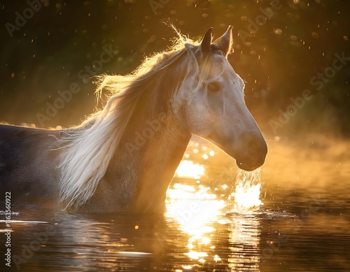 Light Gray Horse in Golden Sunset Water photo