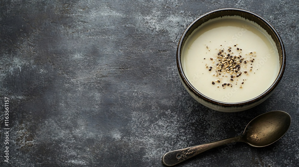 Fototapeta premium Celery soup with toasted seeds sprinkled on top, isolated on a slate grey background with a vintage spoon