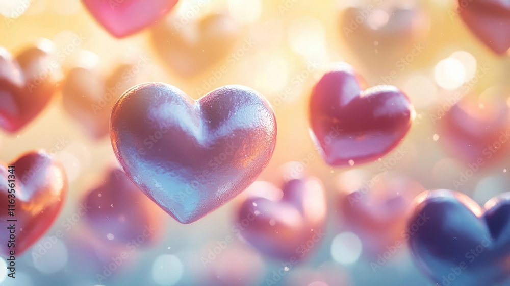 Obraz premium Pastel chocolates idea. Colorful hearts floating in a soft, dreamy background for romantic themes and occasions.