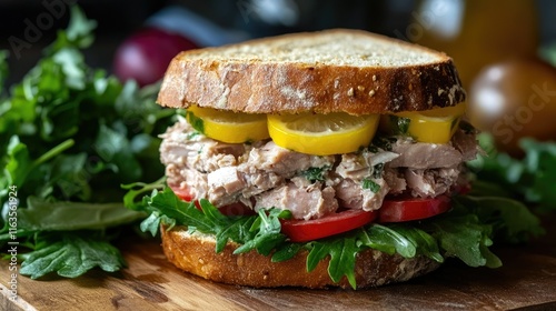 Pan bagnat, a classic tuna nicoise sandwich, served with a side of fresh greens on a wooden surface. photo