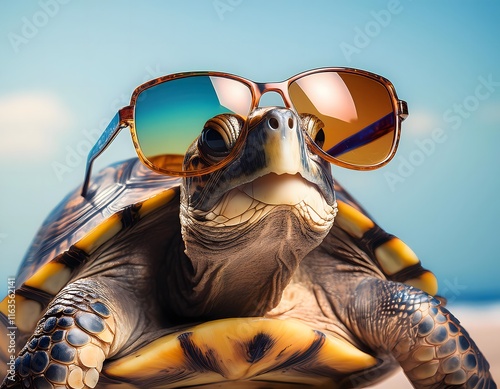 Tortoise Wearing Sunglasses on Beach Background