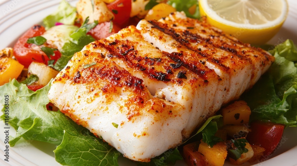 Plate of spicy grilled cod fillet with a fresh vegetable salad and lettuce mix, garnished with lemon. Horizontal top view. Plate of spicy grilled cod fillet with a fresh vegetable salad and lettuce mix, garnished with lemon. Horizontal top view.