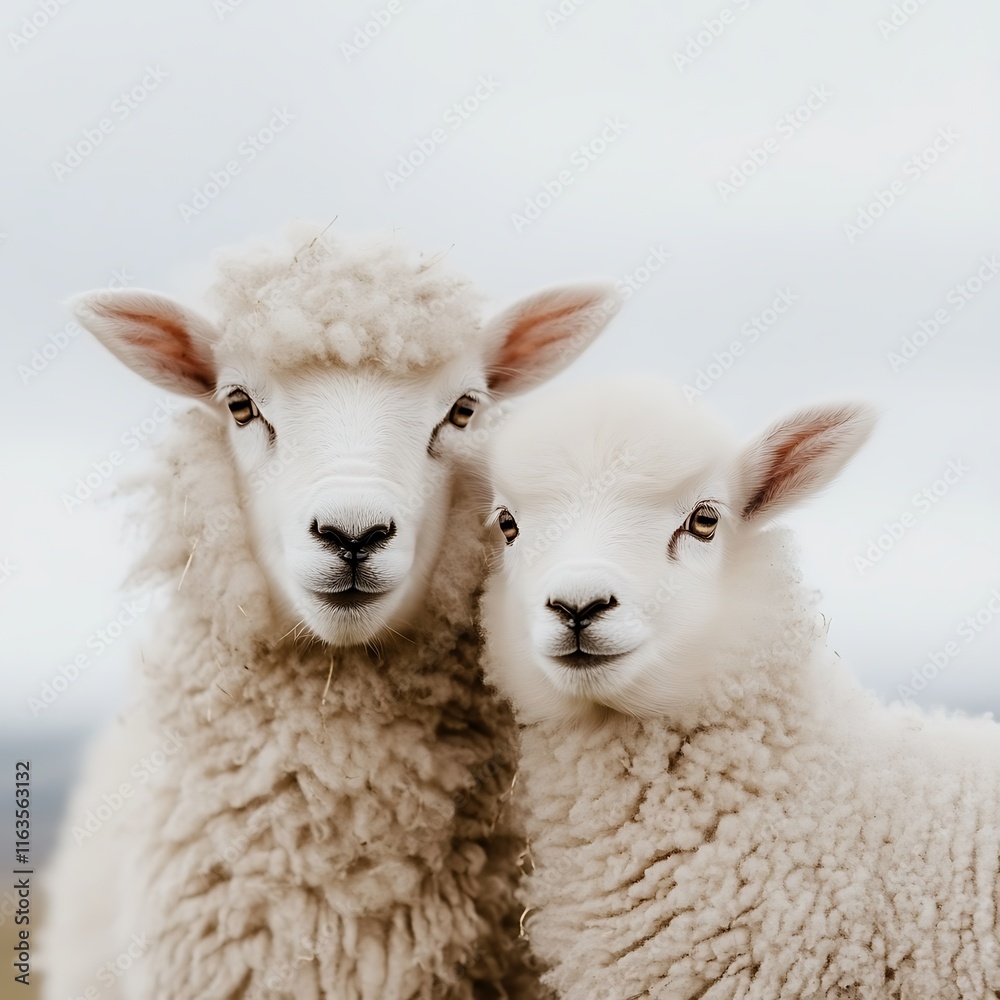 Obraz premium Two adorable fluffy lambs snuggled together against a soft, blurred background.