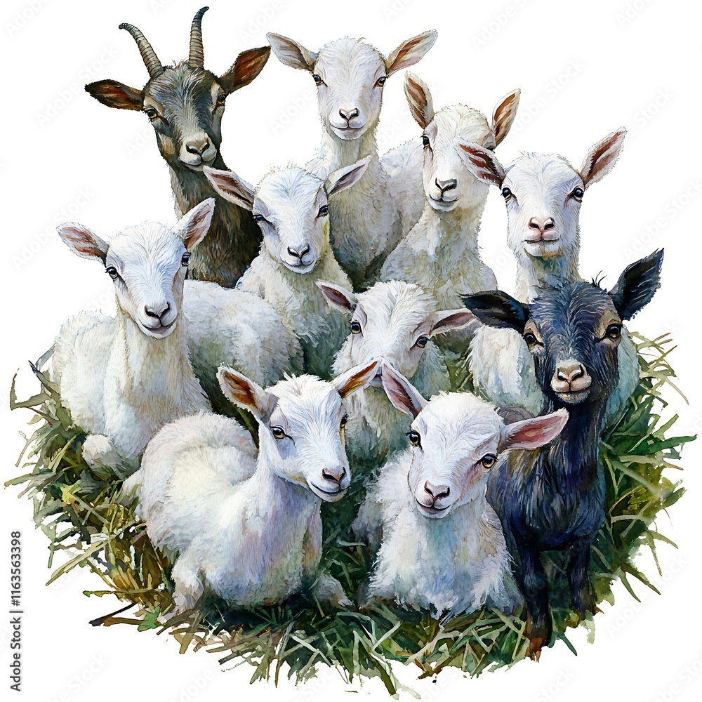 Fototapeta premium A Watercolor Painting of a Group of Adorable Baby Goats and Adult Goats Huddled Together in the Grass.