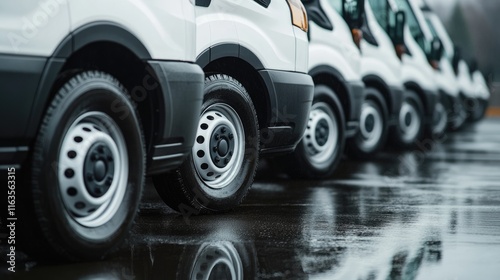 Row of White Vans Parked on Wet Pavement
