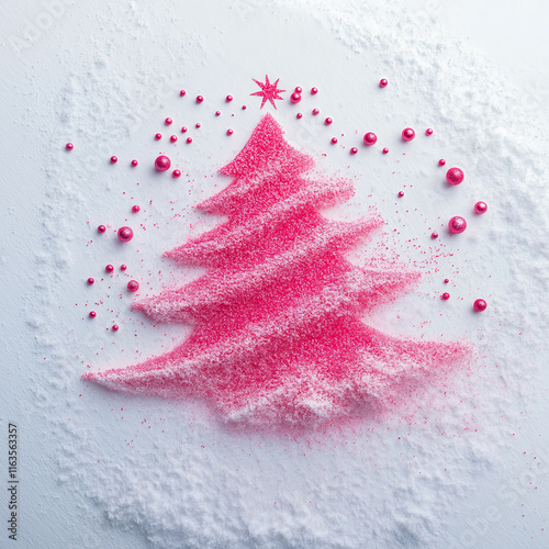 A creatively made Christmas tree from red paint on pure white snow in the spirit of New Year, with minimal elements evoking the holiday season