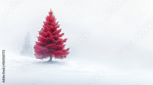 A red Christmas tree isolated on pure white snow in the spirit of New Year, with minimal elements reminiscent of the holiday season