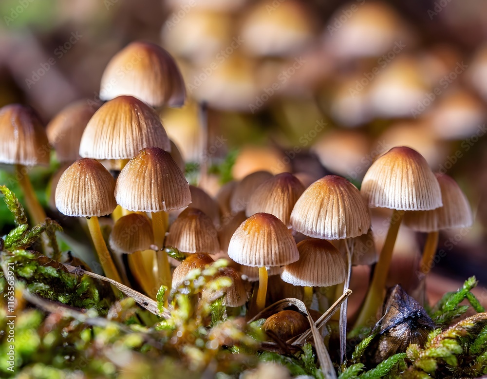 Cluster of Small Brown Mushrooms in Moss Cluster of Small Brown Mushrooms in Moss
