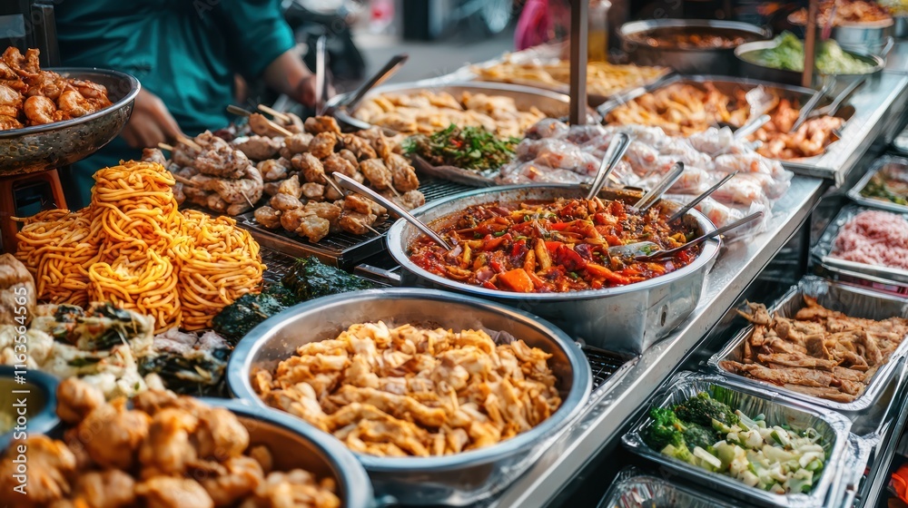 Asian Street Food Vendor Displaying Various Dishes Asian Street Food Vendor Displaying Various Dishes