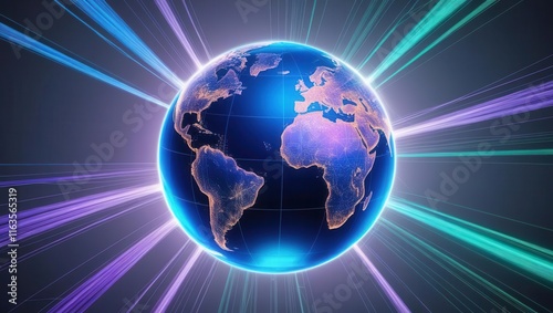 Holographic Globe Surrounded by Light Trails Symbolizing Connectivity