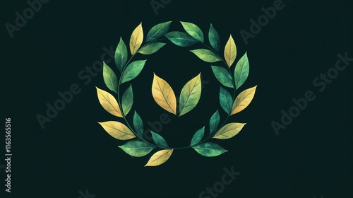 Leaf Wreath on a Dark Background with Green and Yellow Leaves.Nature. Harmony. Fall season, nature-inspired decor, botanical design, seasonal marketing, wreath design, home decor, environmental awaren photo