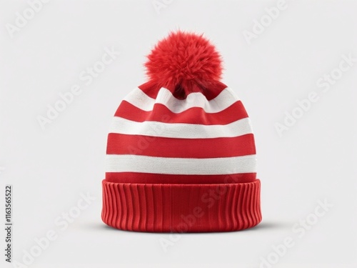 Chunky Red and White Striped Winter Hat - Isolated Design