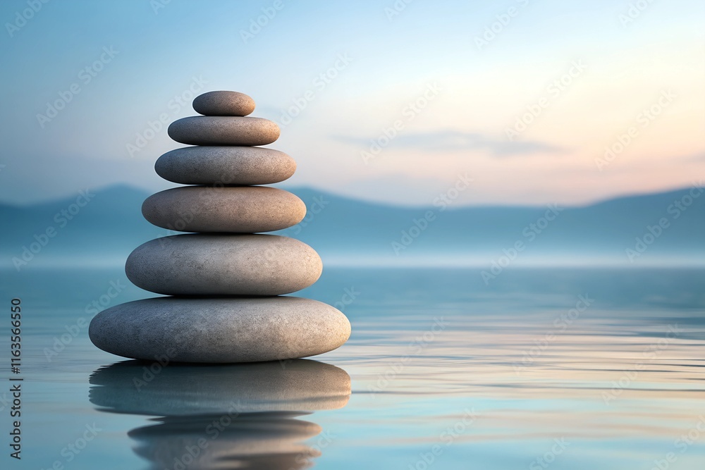 A serene composition of smooth, balanced stones stacked in a perfect tower, reflecting on calm water with a tranquil background of distant mountains and soft sky tones. A serene composition of smooth, balanced stones stacked in a perfect tower, reflecting on calm water with a tranquil background of distant mountains and soft sky tones.