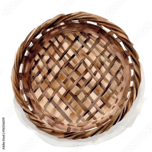 Watercolor painting of a round woven basket viewed from above, showcasing intricate brown and beige patterns.