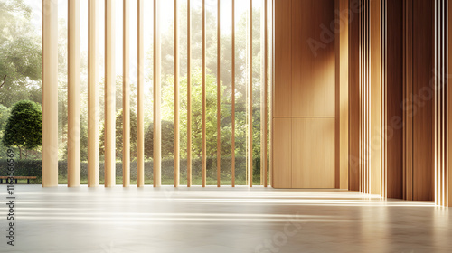 Modern Interior Space Featuring Vertical Wooden Panels with Natural Light Streaming Through, Highlighting an Inviting and Contemporary Atmosphere