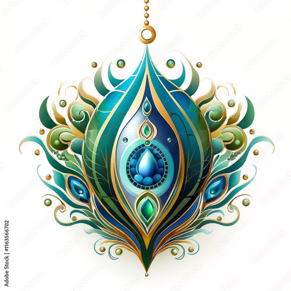 Christmas ornament in peacock feather design with blue and gold accents, isolated on white background.Christmas decorations, holiday greeting cards, festive illustrations.Symbolizing luxury. elegance. Christmas ornament in peacock feather design with blue and gold accents, isolated on white background.Christmas decorations, holiday greeting cards, festive illustrations.Symbolizing luxury. elegance.