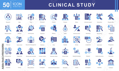 Clinical study icon collection set. Containing adverse event, baseline, double blind, blinding, case report form, endpoint, clinical trial icon.