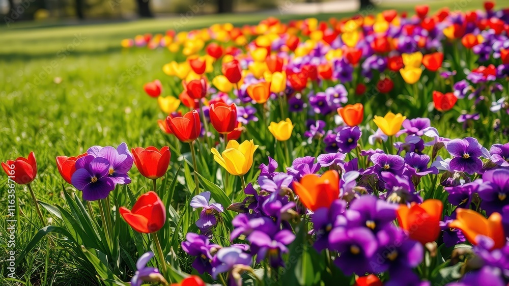 Vibrant spring garden display featuring a profusion of colorful tulips and pansies in a lush green landscape Vibrant spring garden display featuring a profusion of colorful tulips and pansies in a lush green landscape