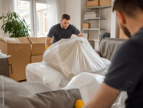 Moving day action with professional movers residential home photo content of relocation indoor environment close-up view packing concept for seo impact