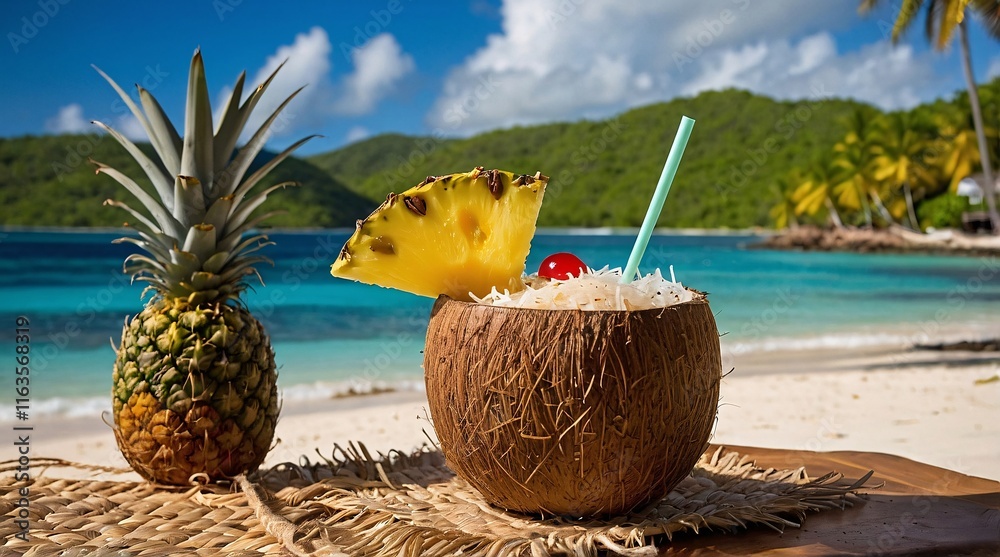 Indulging in a creamy painkiller cocktail by the beach under the sun with tropical vibes and fresh fruits Indulging in a creamy painkiller cocktail by the beach under the sun with tropical vibes and fresh fruits
