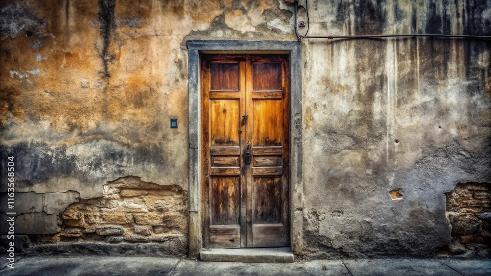 A weathered wooden door set within a crumbling stone wall, exhibiting the passage of time and enduring resilience A weathered wooden door set within a crumbling stone wall, exhibiting the passage of time and enduring resilience