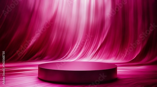 Empty podium on a modern cylindrical stand, complemented by a dynamic abstract pink background that suggests motion, captured in crystal-clear