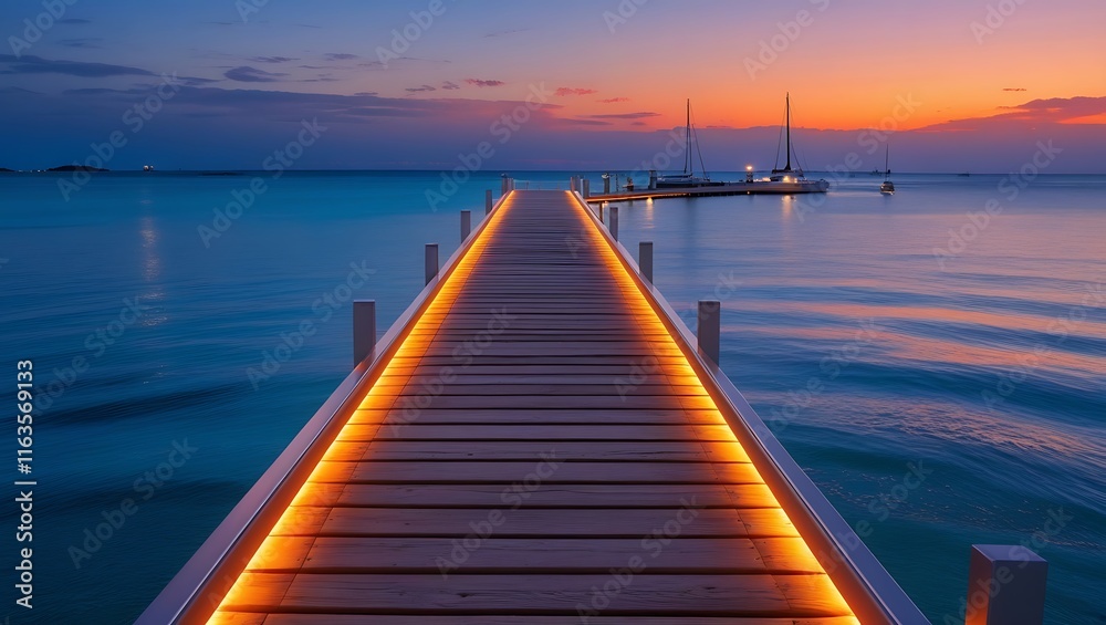 Obraz premium Pier in the Sunset with Golden Sky, Romantic Sunset Over Pier on the Ocean, Peaceful Pier at Sunset with Vibrant Colors