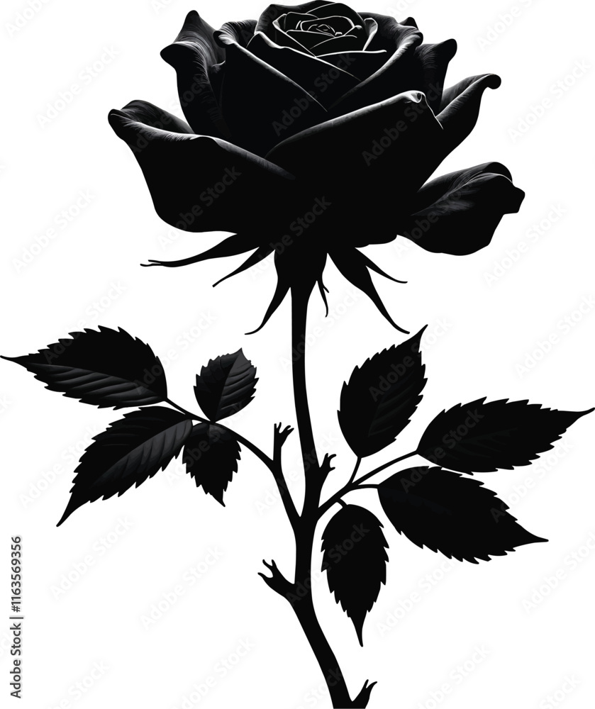 Obraz premium black rose with leaf showcasing delicate petals and captivating depth on white background.