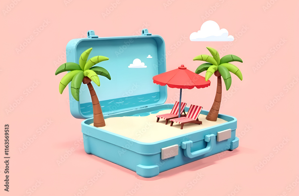 Envision a suitcase that contains a vibrant and lively beach scene displayed within its interior, bringing joy and adventure to life