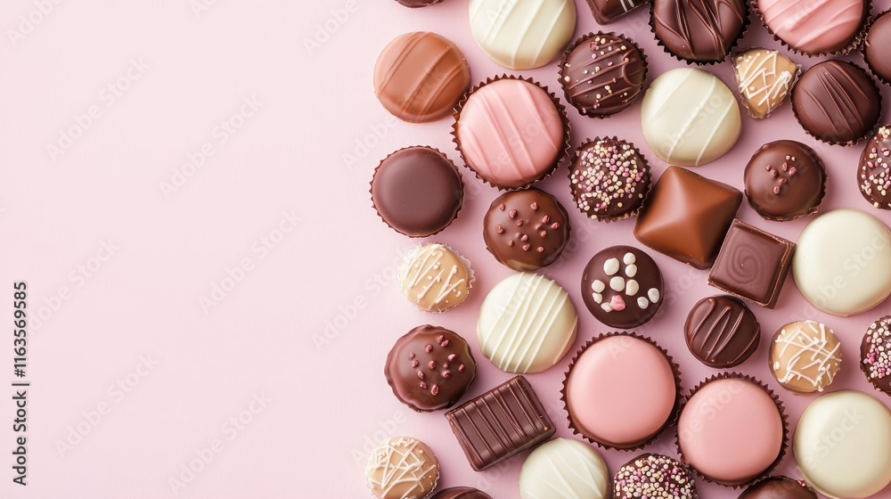 Pastel chocolates concept. An assortment of delicious chocolates and sweets on a pink background, perfect for treats. Pastel chocolates concept. An assortment of delicious chocolates and sweets on a pink background, perfect for treats.