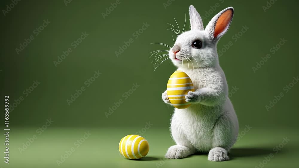 White easter bunny rabbit chewing and holding an egg in paws, on a transparent alpha isolated green chromakey background looped