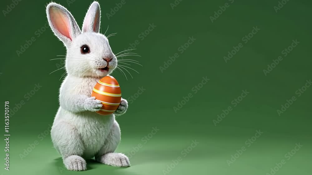 White easter bunny rabbit chewing and holding an egg in paws, on a transparent alpha isolated green chromakey background looped