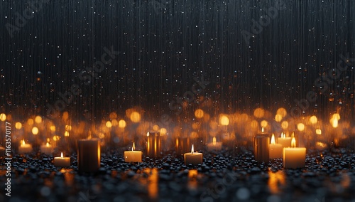 Candles Burning Brightly in Rain, Reflective Surface, Serene Night Atmosphere, Illuminated by Warm Glowing Lights, Tranquil Mood