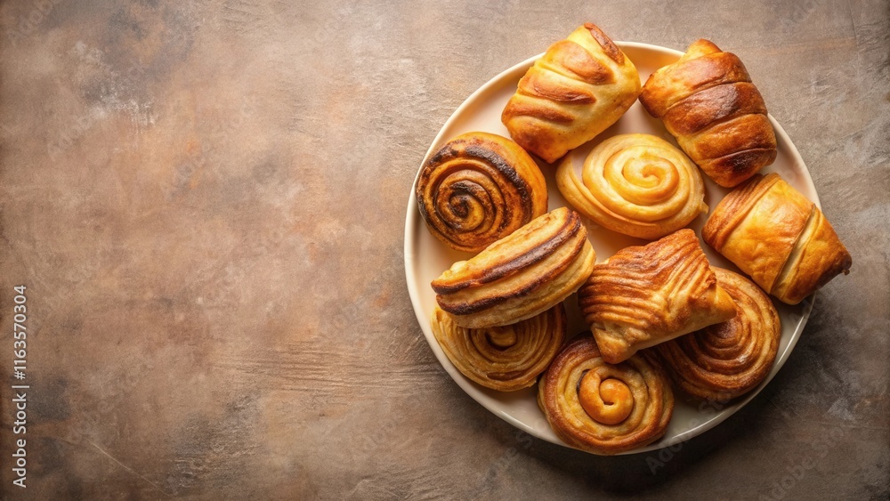 A delightful assortment of freshly baked sweet rolls and pastries, arranged on a plate, perfect for a morning treat or afternoon snack. A delightful assortment of freshly baked sweet rolls and pastries, arranged on a plate, perfect for a morning treat or afternoon snack.