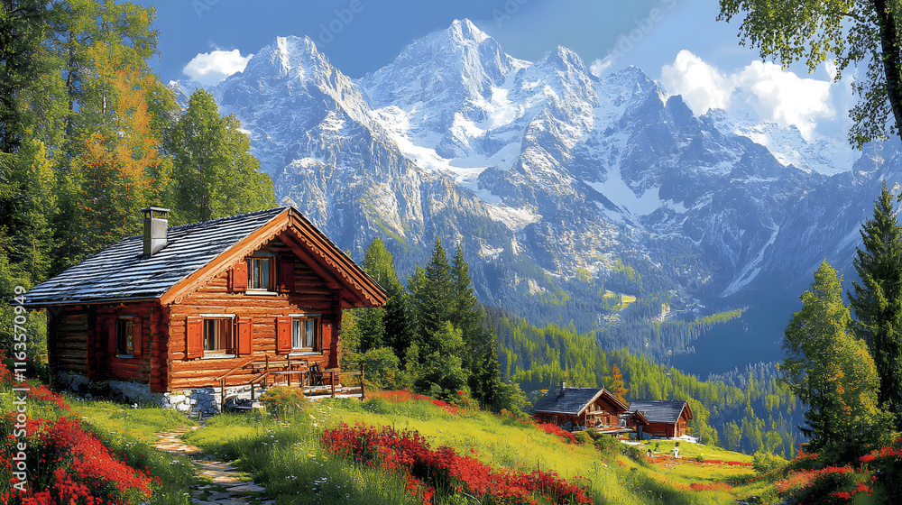A beautiful mountain landscape with a small village in the foreground. The village is surrounded by a lush green field of yellow flowers. The scene is peaceful and serene A beautiful mountain landscape with a small village in the foreground. The village is surrounded by a lush green field of yellow flowers. The scene is peaceful and serene