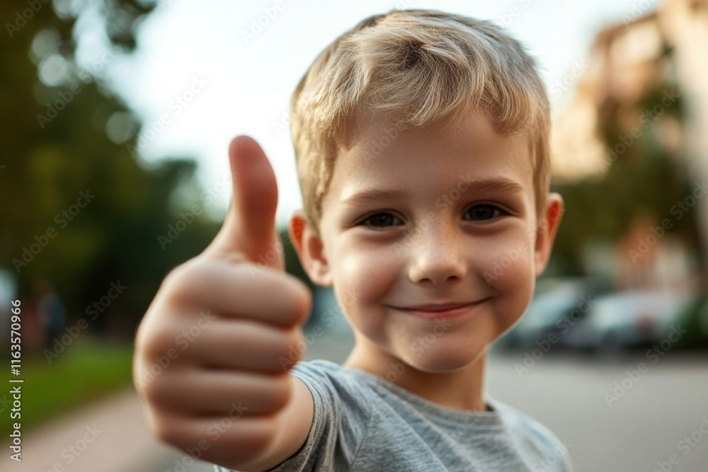 Cheerful young boy giving a thumbs up gesture in a minimalistic outdoor setting Cheerful young boy giving a thumbs up gesture in a minimalistic outdoor setting