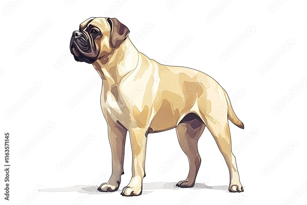 A striking illustration of a Bullmastiff dog, standing majestically against a white background. A striking illustration of a Bullmastiff dog, standing majestically against a white background.