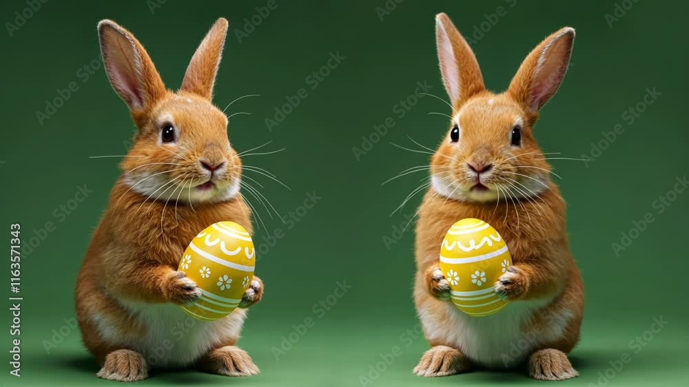 Two ginger easter bunnies rabbits holding an egg in their paws, on a transparent alpha isolated green chromakey background looped