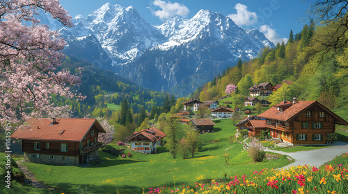 A beautiful mountain landscape with a small village in the foreground. The village is surrounded by a lush green field of yellow flowers. The scene is peaceful and serene
