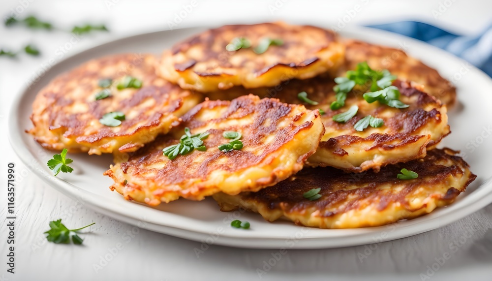 Traditional Jewish latkes or potato pancakes isolated on white background. Copy space
Traditional Jewish latkes or potato pancakes isolated on white background. Copy space
