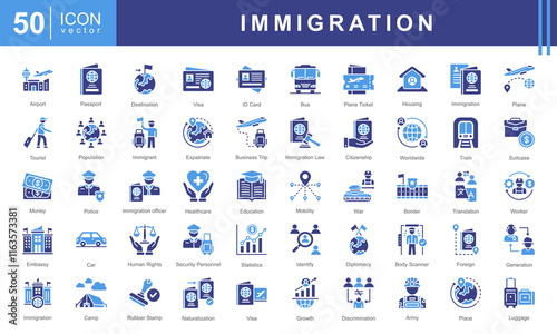 Immigration icon set with immigrant, foreign, office, passport, customs, airport, people, citizenship and destination country.