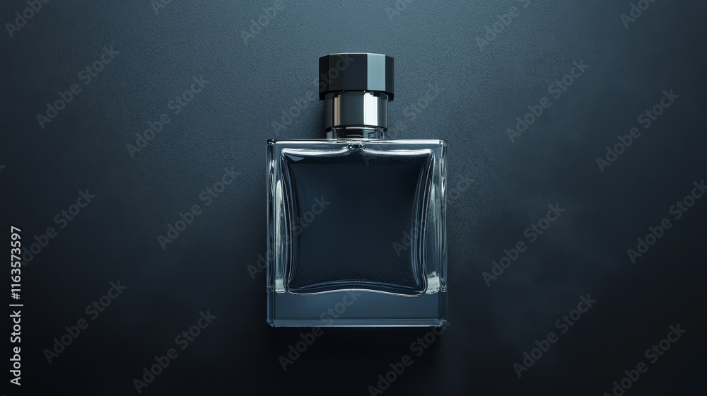 Stylish presentation of luxury men`s perfume in bottle on black background, top view Stylish presentation of luxury men`s perfume in bottle on black background, top view