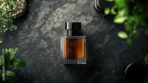 Stylish presentation of luxury men`s perfume in bottle on black background, top view photo