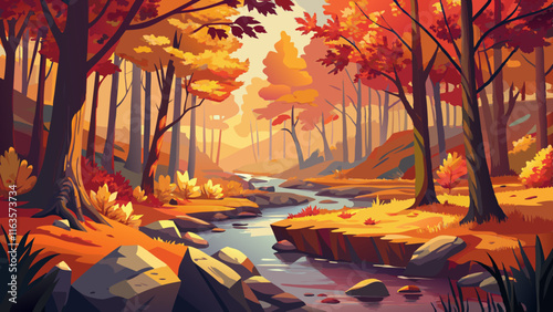 Photos A beautiful autumn forest with leaves in shades of red, orange, and yellow, a qu