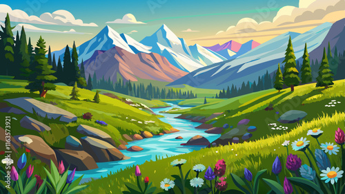 A tranquil alpine meadow with wildflowers blooming, a babbling brook cutting through the grass, and towering peaks in the distance