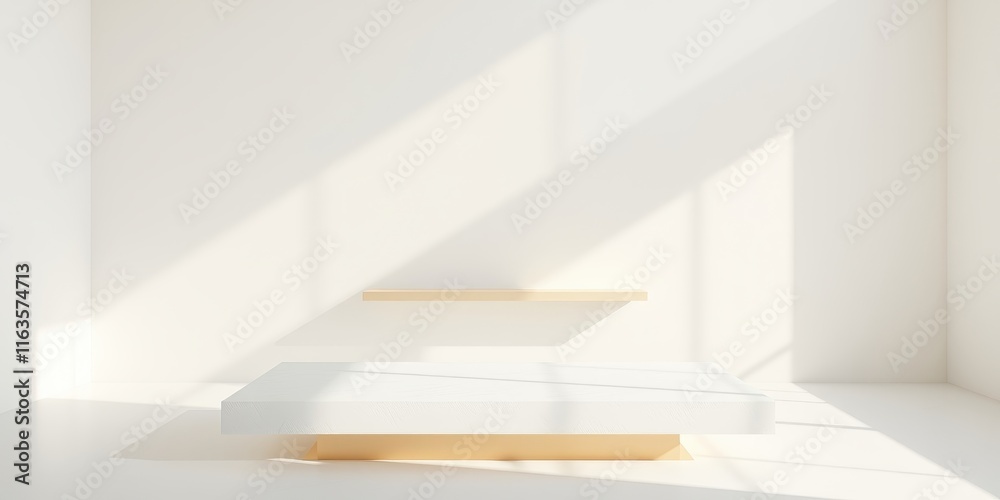 Fototapeta premium Minimalist interior display with sunlight, showcasing a white platform and a light wood shelf