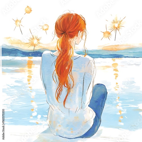 Woman with long red hair sitting by the sea watching fireworks at sunset. photo