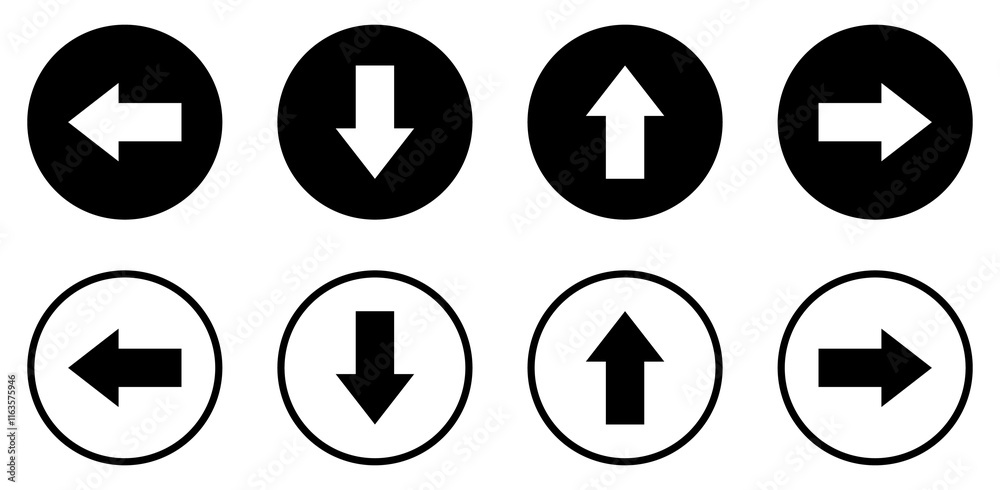 Up, down, left, and right arrow buttons set in black circle. Upward, downward, leftward, and rightward sign symbol. Flat and outline style. Vector illustration. Up, down, left, and right arrow buttons set in black circle. Upward, downward, leftward, and rightward sign symbol. Flat and outline style. Vector illustration.